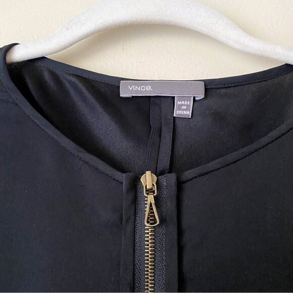 Vince | 100% Silk Tunic Top Blouse Zip Front 3/4 Sleeve Black Small - Picture 2 of 5